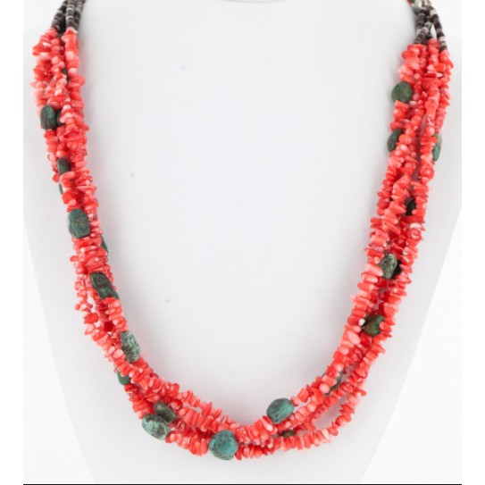 Certified Authentic 5 Strand Twisted Navajo .925 Sterling Silver Turquoise and Coral Native American Necklace 1594055