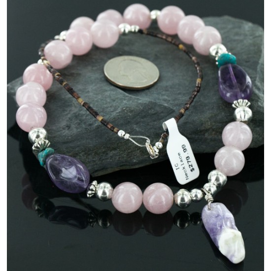 Certified Authentic Navajo .925 Sterling Silver Turquoise Amythyst Pink Agate Native American Necklace 16000 Certified Authentic Navajo .925 Sterling Silver Turquoise Amythyst Pink Agate Native American Necklace 16000