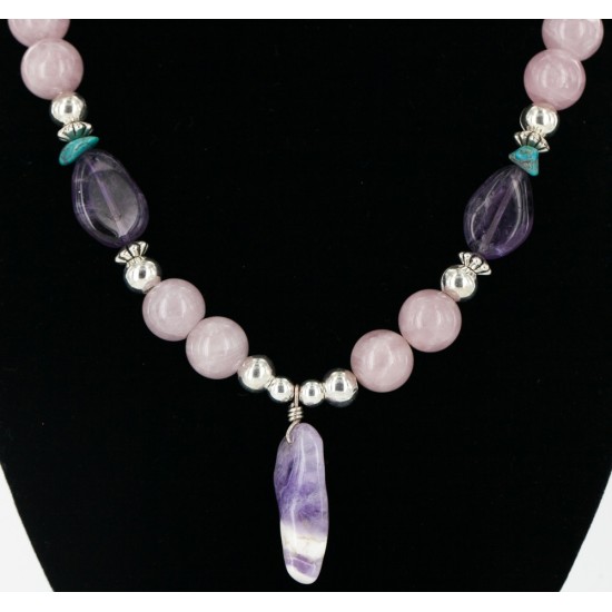 Certified Authentic Navajo .925 Sterling Silver Turquoise Amythyst Pink Agate Native American Necklace 16000 Certified Authentic Navajo .925 Sterling Silver Turquoise Amythyst Pink Agate Native American Necklace 16000