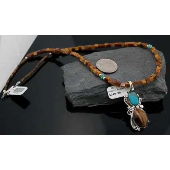 Certified Authentic Navajo .925 Sterling Silver Natural Turquoise and Tigers Eye Native American Necklace 390609530016 Certified Authentic Navajo .925 Sterling Silver Natural Turquoise and Tigers Eye Native American Necklace 390609530016