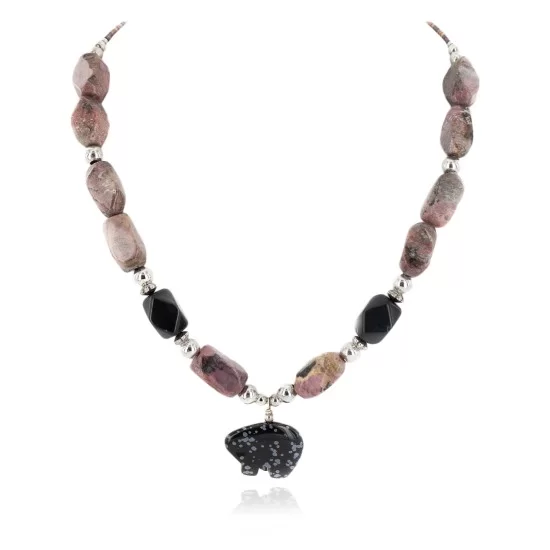 Bear Certified Authentic Navajo .925 Sterling Silver Natural Black Onyx Charoite and Snowflake Obsidian Native American Necklace 15632-41 Bear Certified Authentic Navajo .925 Sterling Silver Natural Black Onyx Charoite and Snowflake Obsidian Native American Necklace 15632-41