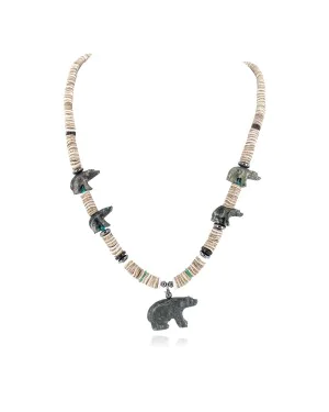 Bear Certified Authentic Navajo .925 Sterling Silver Natural Graduated Melon Shell Turquoise Jasper Native American Necklace 16049-3