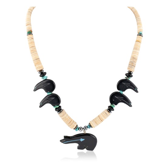 Bear Certified Authentic Navajo .925 Sterling Silver Natural Graduated Melon Shell Turquoise Resin Black Onyx Hematite Native American Necklace 25225-2