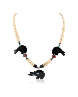 Bear Certified Authentic Navajo .925 Sterling Silver Natural Graduated Melon Shell Turquoise Resin Black Onyx Red Jasper Hematite Native American Necklace 25225-4
