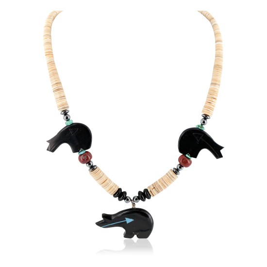 Bear Certified Authentic Navajo .925 Sterling Silver Natural Graduated Melon Shell Turquoise Resin Black Onyx Red Jasper Hematite Native American Necklace 25225-4 Bear Certified Authentic Navajo .925 Sterling Silver Natural Graduated Melon Shell Turquoise Resin Black Onyx Red Jasper Hematite Native American Necklace 25225-4