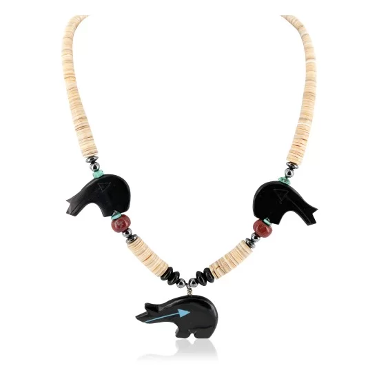 Bear Certified Authentic Navajo .925 Sterling Silver Natural Graduated Melon Shell Turquoise Resin Black Onyx Red Jasper Hematite Native American Necklace 25225-4