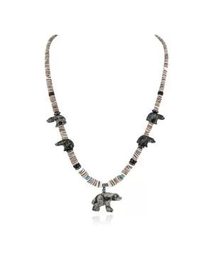 Bear Certified Authentic Navajo .925 Sterling Silver Natural Hematite Graduated Heishi Turquoise Jasper Native American Necklace 16049-2