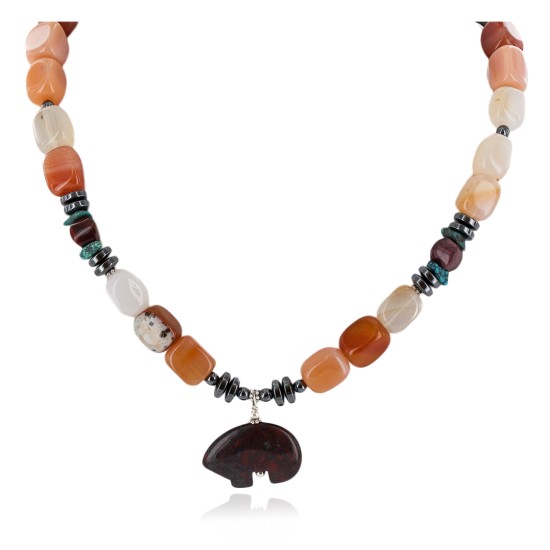 Bear Certified Authentic Navajo .925 Sterling Silver Natural Turquoise Carnelian Red Jasper Hematite Native American Necklace 750198-5