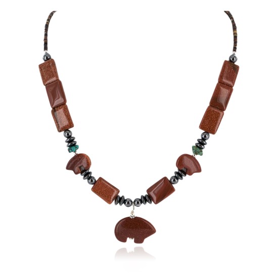 Bear Certified Authentic Navajo .925 Sterling Silver Natural Turquoise Goldstone Hematite Native American Necklace 750199-8