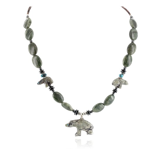 Bear Certified Authentic Navajo .925 Sterling Silver Natural Turquoise Green Jasper Hematite Agate Native American Necklace 17045