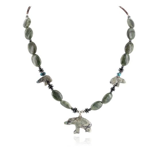 Bear Certified Authentic Navajo .925 Sterling Silver Natural Turquoise Green Jasper Hematite Agate Native American Necklace 17045 Bear Certified Authentic Navajo .925 Sterling Silver Natural Turquoise Green Jasper Hematite Agate Native American Necklace 17045