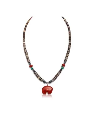 Bear Fetish .925 Sterling Silver Certified Authentic Navajo Native American Natural Turquoise Red Jasper Necklace and Pendant 750133-51