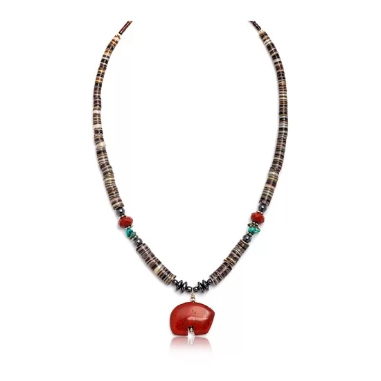 Bear Fetish .925 Sterling Silver Certified Authentic Navajo Native American Natural Turquoise Red Jasper Necklace and Pendant 750133-51