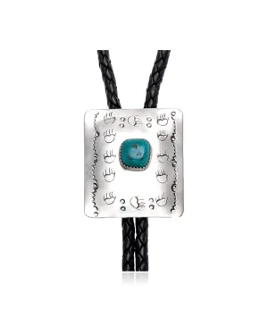 Bear Paw and Sun Natural Turquoise and Nickel Certified Authentic Navajo Native American Handmade Bolo Tie 24488-5