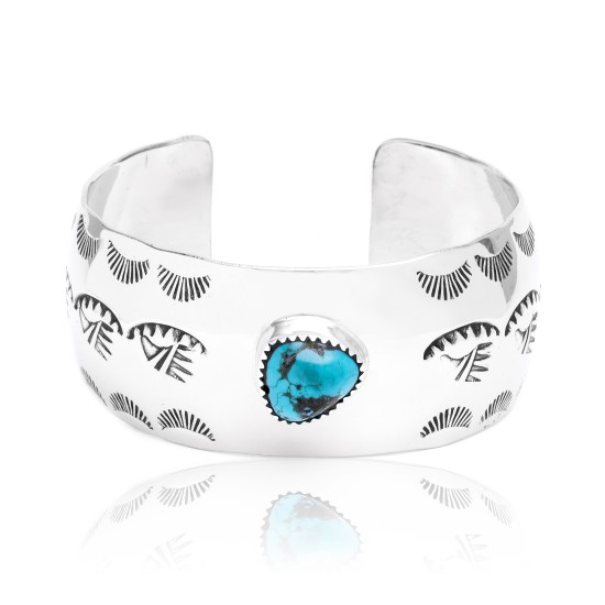 Bear Paw and Sun Natural Turquoise Nickel Certified Authentic Navajo Native American Handmade Cuff Bracelet 13026-4