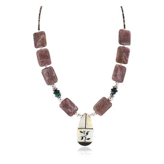 Bird Certified Authentic Navajo .925 Sterling Silver Inlay Natural Turquoise Mother of Pearl Black Onyx Agate Native American Necklace 25338-3 Bird Certified Authentic Navajo .925 Sterling Silver Inlay Natural Turquoise Mother of Pearl Black Onyx Agate Native American Necklace 25338-3