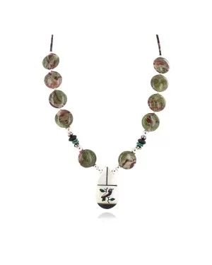 Bird Certified Authentic Navajo .925 Sterling Silver Inlay Natural Turquoise Mother of Pearl Black Onyx Blood Stone Native American Necklace 25338-4