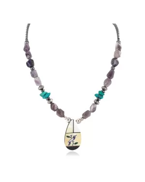 Bird Certified Authentic Navajo .925 Sterling Silver Inlay Natural Turquoise Mother of Pearl Hematite Amethyst Native American Necklace 25340-1