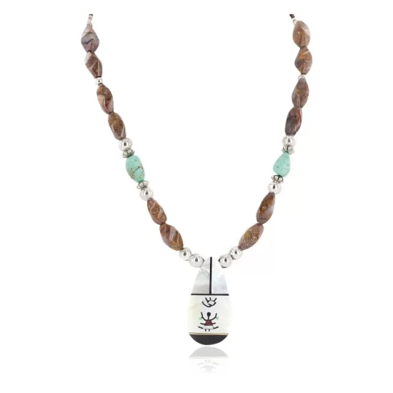Bird Certified Authentic Navajo .925 Sterling Silver Inlay Natural Turquoise Mother of Pearl Jasper Native American Necklace 15422-55 Bird Certified Authentic Navajo .925 Sterling Silver Inlay Natural Turquoise Mother of Pearl Jasper Native American Necklace 15422-55