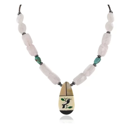 Bird Certified Authentic Navajo .925 Sterling Silver Inlay Natural Turquoise Mother of Pearl Pink Quartz Hematite Native American Necklace 750108-51 Bird Certified Authentic Navajo .925 Sterling Silver Inlay Natural Turquoise Mother of Pearl Pink Quartz Hematite Native American Necklace 750108-51