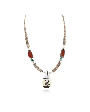 Bird Certified Authentic Navajo .925 Sterling Silver Inlay Natural Turquoise Mother of Pearl Red Jasper Black Onyx Native American Necklace 750238-10
