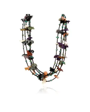 Carved Animal Fetish Certified Authentic 5 Strand Navajo .925 Sterling Silver Turquoise Native American Large Necklace 15992