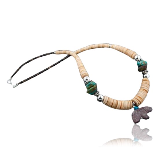 Carved BEAR Fetish Certified Authentic Navajo .925 Sterling Silver Graduated Melon Shell and Turquoise Native American Necklace 390618962024