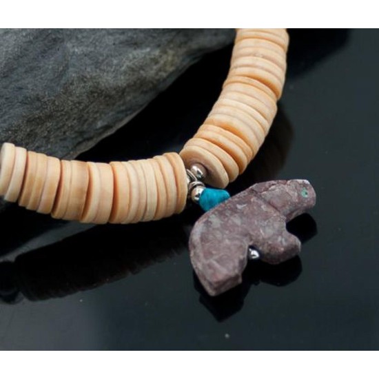 Carved BEAR Fetish Certified Authentic Navajo .925 Sterling Silver Graduated Melon Shell and Turquoise Native American Necklace 390618962024 Carved BEAR Fetish Certified Authentic Navajo .925 Sterling Silver Graduated Melon Shell and Turquoise Native American Necklace 390618962024