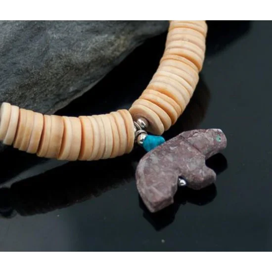 Carved BEAR Fetish Certified Authentic Navajo .925 Sterling Silver Graduated Melon Shell and Turquoise Native American Necklace 390618962024 Carved BEAR Fetish Certified Authentic Navajo .925 Sterling Silver Graduated Melon Shell and Turquoise Native American Necklace 390618962024