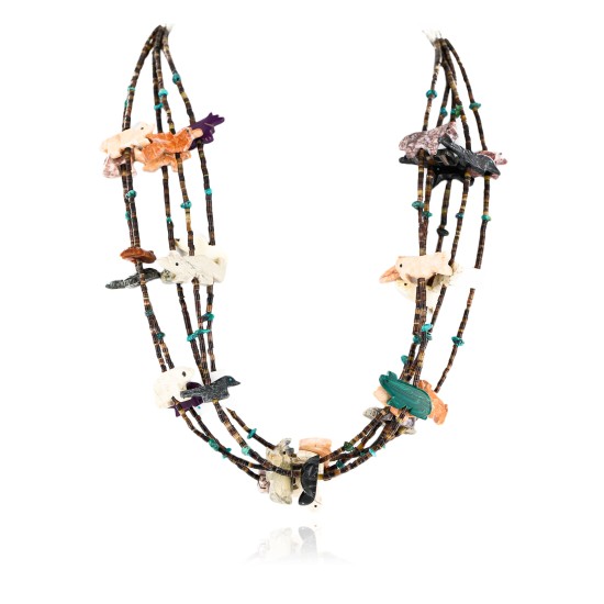 Carved Fetish $500 Large Certified Authentic 5 Strand Navajo .925 Sterling Silver Natural Turquoise Multicolor Stones Native American Necklace 15992-5
