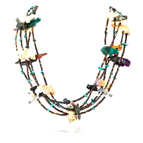 Carved Fetish 5 Strand Navajo .925 Sterling Silver Turquoise Multicolor Stones Native American Necklace 15992-4