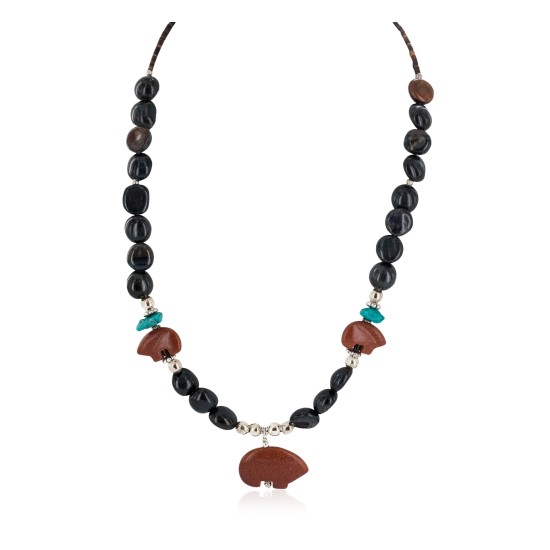 Carved Fetish Bear .925 Sterling Silver Certified Authentic Navajo Natural Turquoise Goldstone Agate Native American Necklace 750207-3