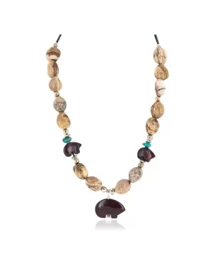 Carved Fetish Bear .925 Sterling Silver Certified Authentic Navajo Natural Turquoise Jasper Native American Necklace 25341-3