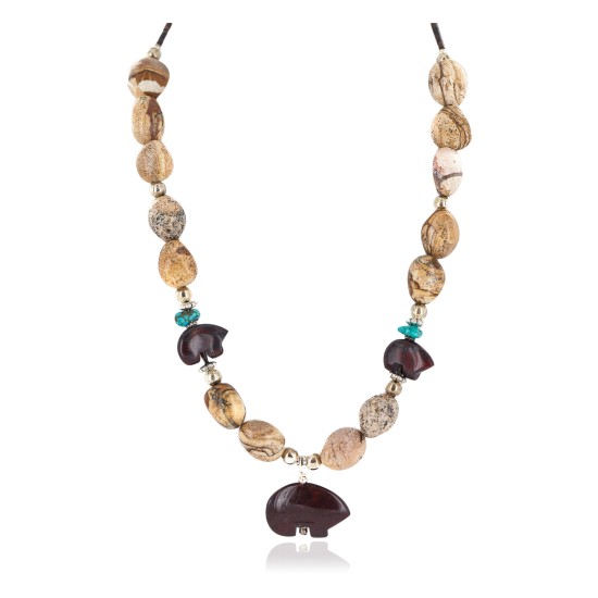 Carved Fetish Bear .925 Sterling Silver Certified Authentic Navajo Natural Turquoise Jasper Native American Necklace 25341-3 Carved Fetish Bear .925 Sterling Silver Certified Authentic Navajo Natural Turquoise Jasper Native American Necklace 25341-3