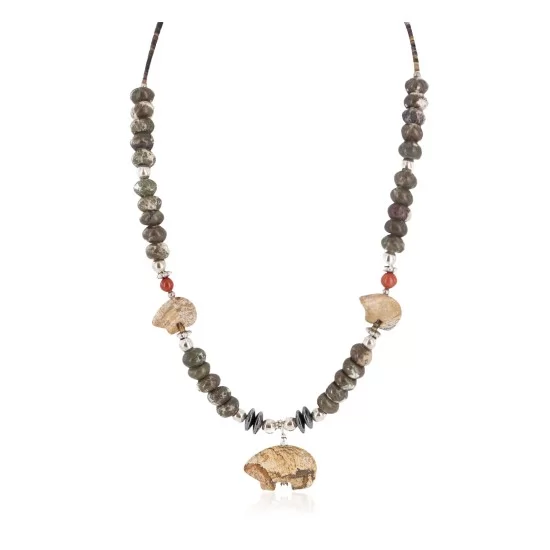 Carved Fetish Bear .925 Sterling Silver Certified Authentic Navajo Natural White Green and Red Jasper Hematite Native American Necklace 750209-7 Carved Fetish Bear .925 Sterling Silver Certified Authentic Navajo Natural White Green and Red Jasper Hematite Native American Necklace 750209-7