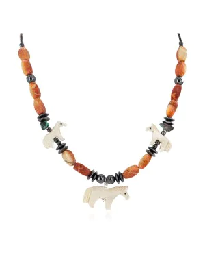 Carved Fetish Horse .925 Sterling Silver Certified Authentic Navajo Natural Turquoise Coral Bone Hematite Native American Necklace 18277-2