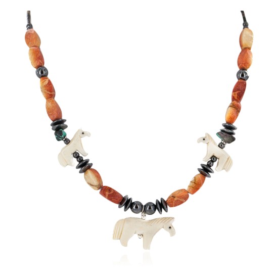 Carved Fetish Horse .925 Sterling Silver Certified Authentic Navajo Natural Turquoise Coral Bone Hematite Native American Necklace 18277-2