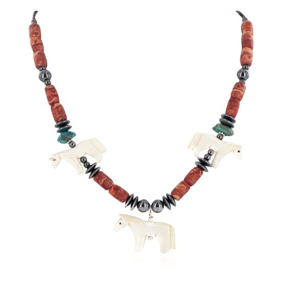 Carved Fetish Horse .925 Sterling Silver Certified Authentic Navajo Natural Turquoise Coral Hematite Bone Native American Necklace 18277-1