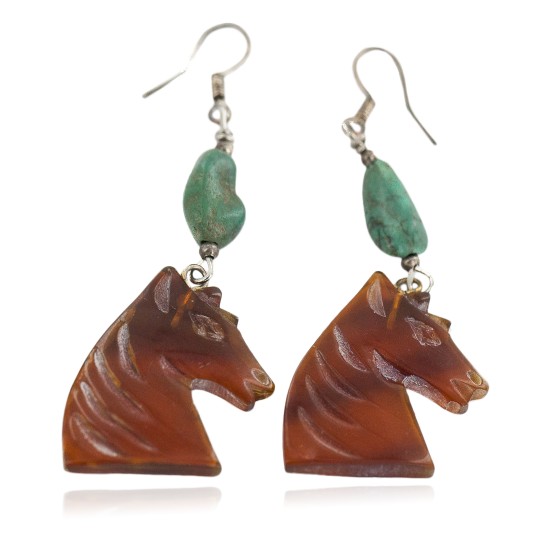 Carved Fetish Horse .925 Sterling Silver Hooks Certified Authentic Navajo Natural Turquoise Resin Native American Dangle Earrings 18287