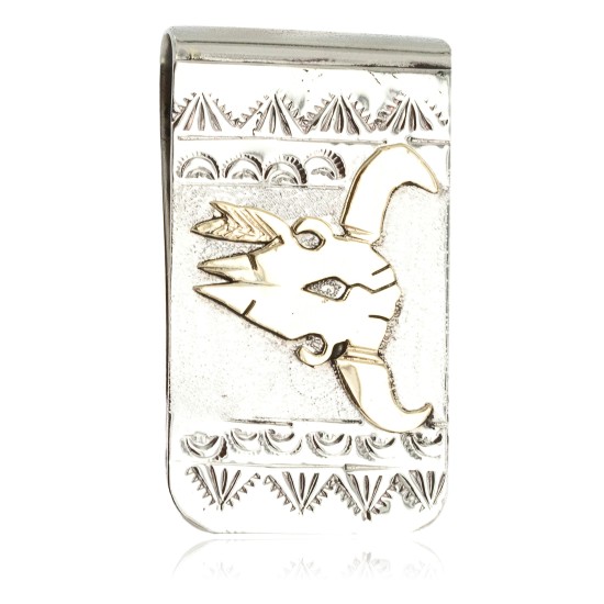 Certified Authentic 12kt Gold Filled and .925 Sterling Silver Bull Skull Handmade Navajo Native American Money Clip 11254