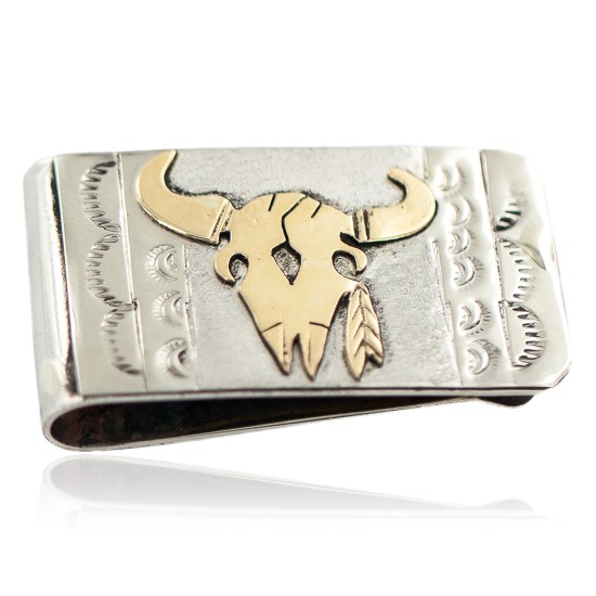 Certified Authentic 12kt Gold Filled and .925 Sterling Silver Bull Skull Handmade Navajo Native American Money Clip 11265