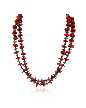Certified Authentic 2 Strand Navajo .925 Sterling Silver Natural Turquoise and Coral Native American Necklace 750175