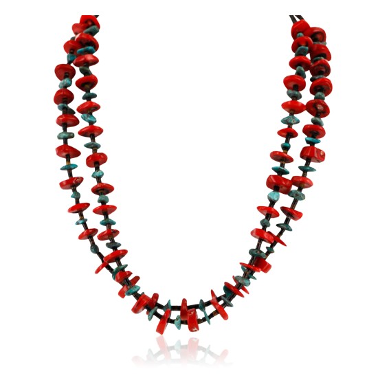 Certified Authentic 2 Strand Navajo .925 Sterling Silver Natural Turquoise and Coral Native American Necklace 750175