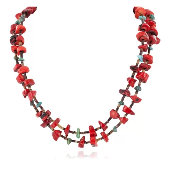Certified Authentic 2 Strand Navajo .925 Sterling Silver Natural Turquoise Coral Native American Necklace 16054-3 Certified Authentic 2 Strand Navajo .925 Sterling Silver Natural Turquoise Coral Native American Necklace 16054-3