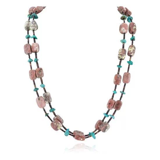 Certified Authentic 2 Strand Navajo .925 Sterling Silver Natural Turquoise Pink Charoite Native American Necklace 25283-2