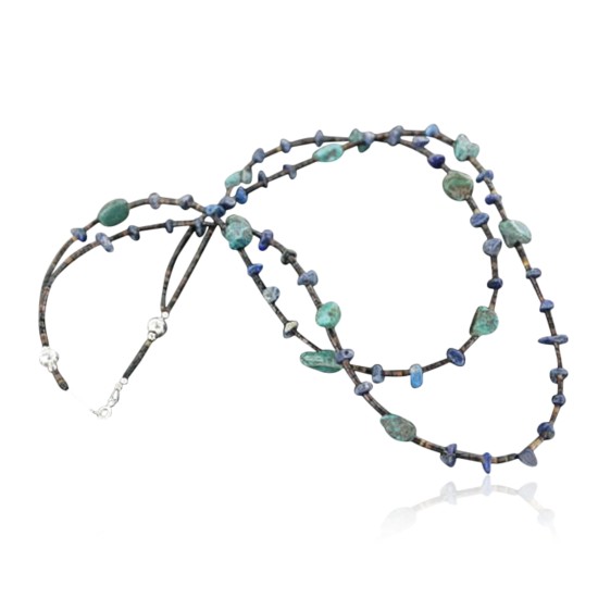 Certified Authentic 2 Strand Navajo .925 Sterling Silver Stormy Mtn Turquoise Lapis 5853 Native American Necklace 370907252108