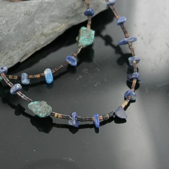 Certified Authentic 2 Strand Navajo .925 Sterling Silver Stormy Mtn Turquoise Lapis 5853 Native American Necklace 370907252108