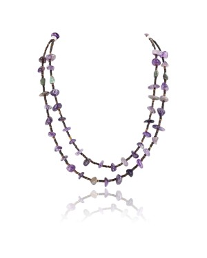 Certified Authentic 2 Strand Navajo .925 Sterling Silver Turquoise and Amethyst Native American Necklace 15554-2