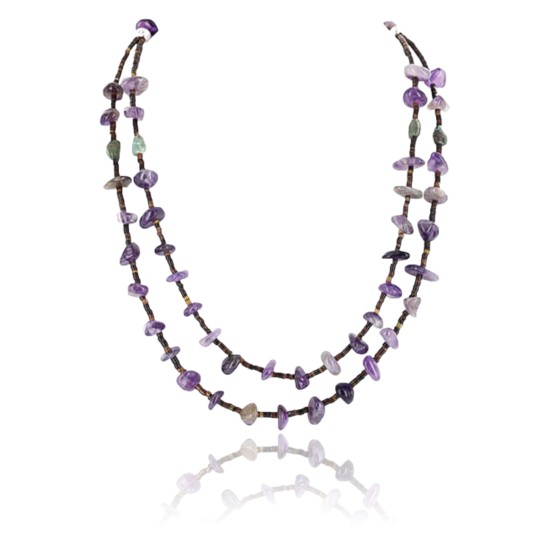 Certified Authentic 2 Strand Navajo .925 Sterling Silver Turquoise and Amethyst Native American Necklace 15554-2
