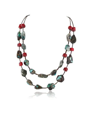 Certified Authentic 2 Strand Navajo .925 Sterling Silver Turquoise and Coral Native American Necklace 371013671980